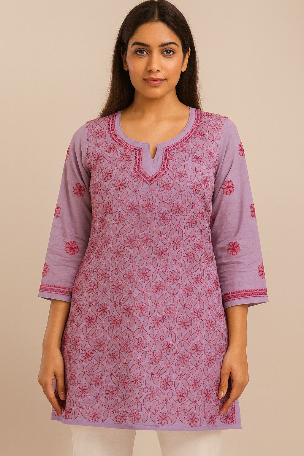 Lucknowi Chikankari Lavender 'Jamuni' Cotton Short Kurti-T50024