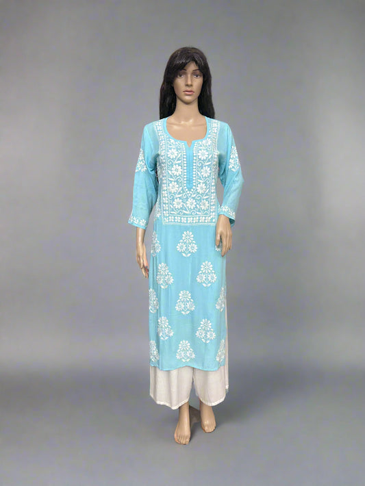 Lucknowi Chikankari Blue Modal Kurti-K000146