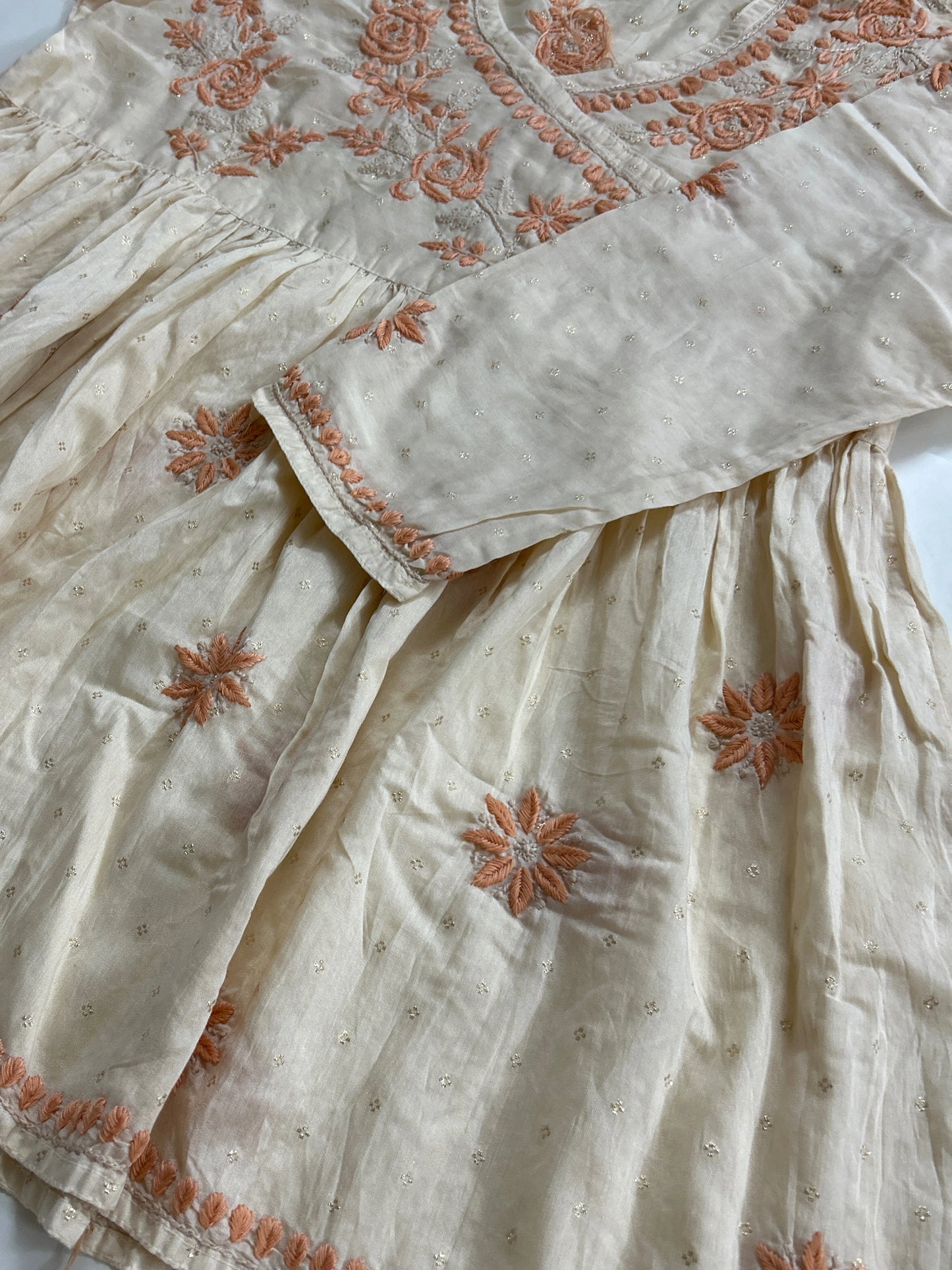 Lucknowi Chikankari Fawn Chanderi Angrakha Styled Short Kurti-T50020