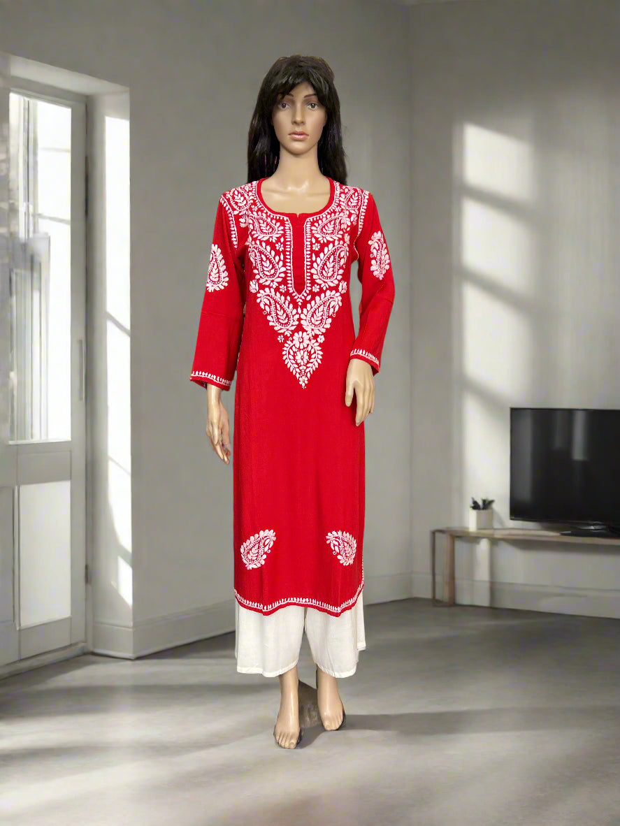 Lucknowi Chikankari Red Rayon Kurti-K000169