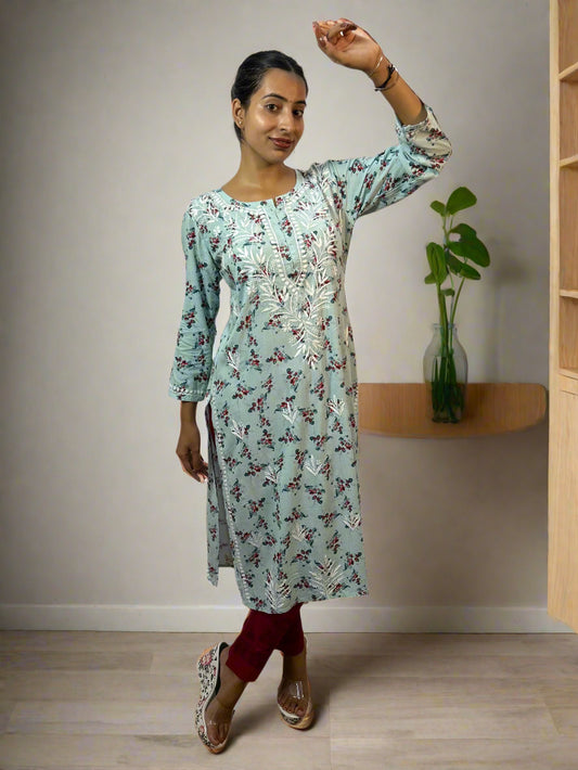 Lucknowi Chikankari Blue Printed Rayon Kurti-K30071