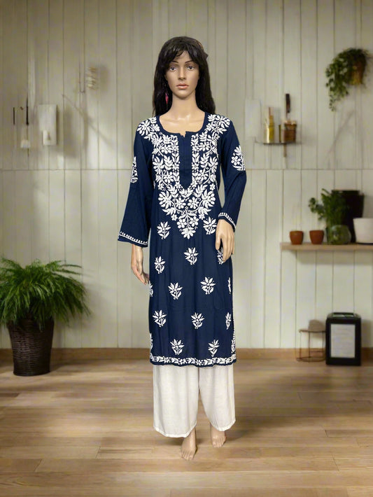 Lucknowi Chikankari Navy Blue Rayon Kurti-K60055