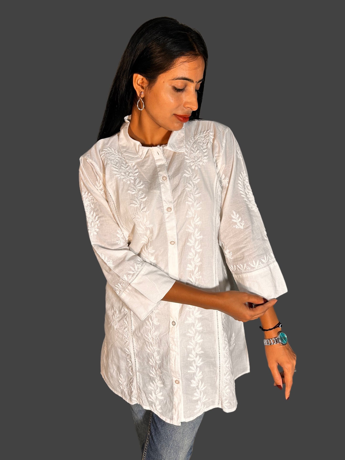Lucknowi Chikankari White 'Ujaala' Cotton Shirt-T000041