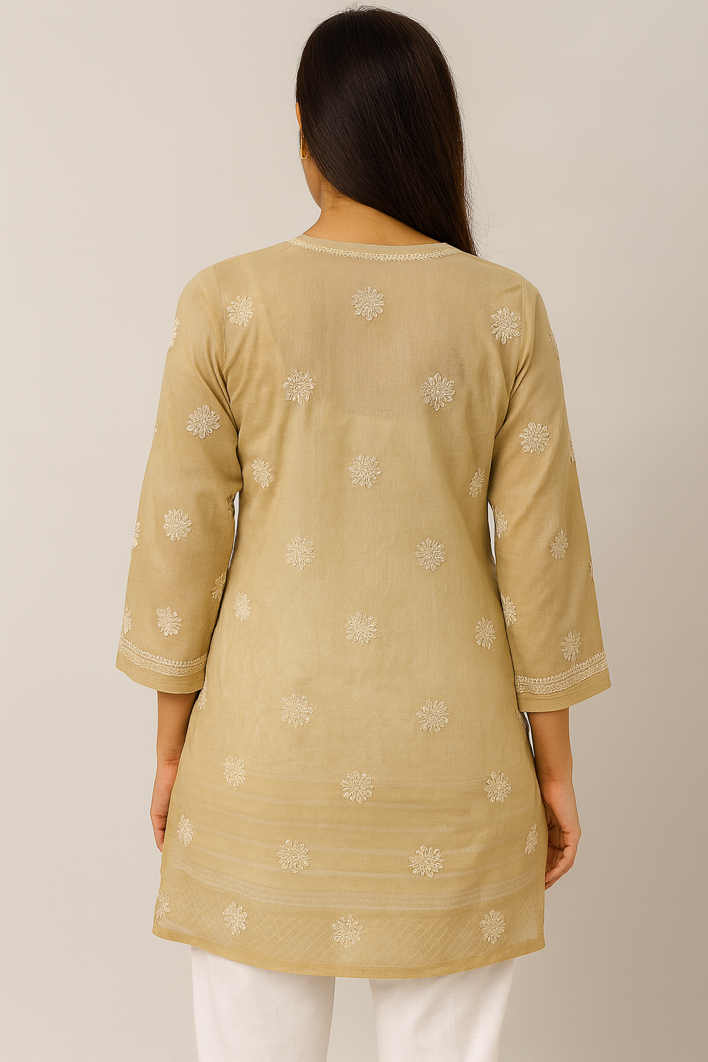 Lucknowi Chikankari Fawn 'Harnai Rang' Cotton Short Kurti-T40020