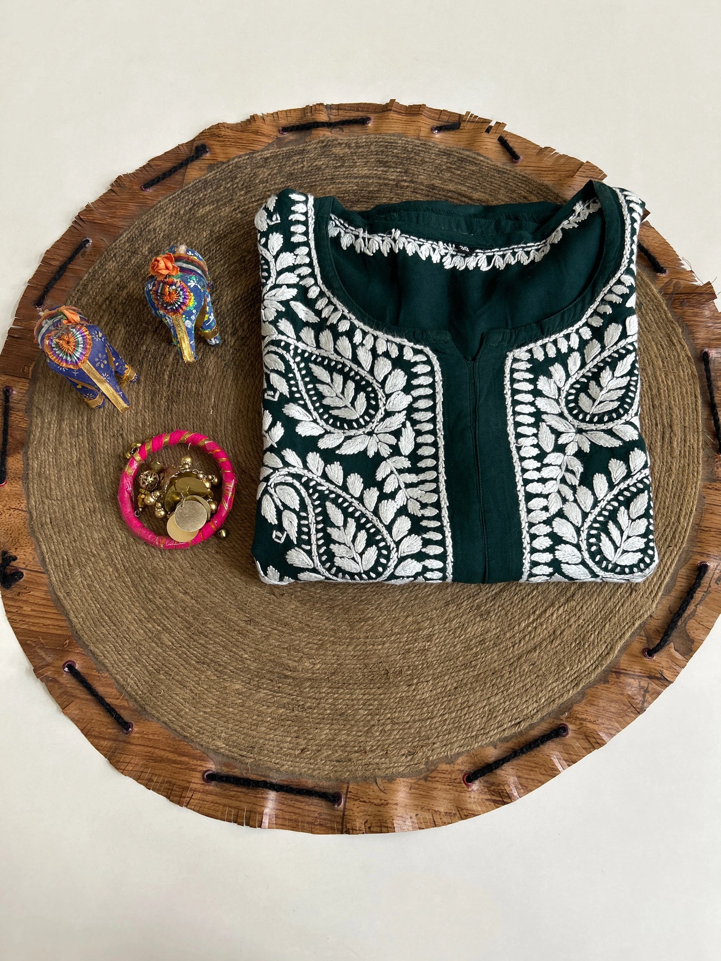 Lucknowi Chikankari Green Rayon Kurti-K20009