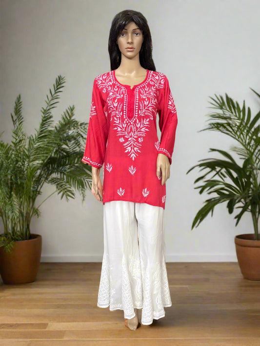 Lucknowi Chikankari Coral Pink Rayon Short Kurti-T000073
