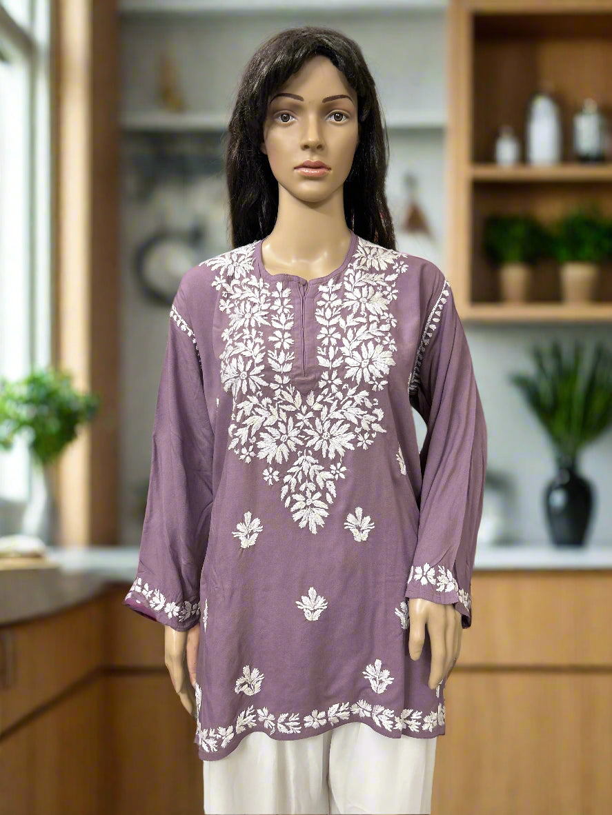 Lucknowi Chikankari Mauve Rayon Short Kurti-T60004
