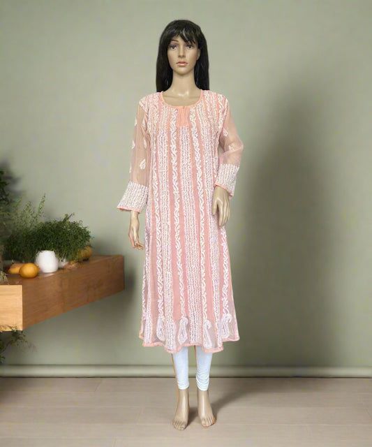Lucknowi Chikankari Peach Georgette Anarkali-K000029