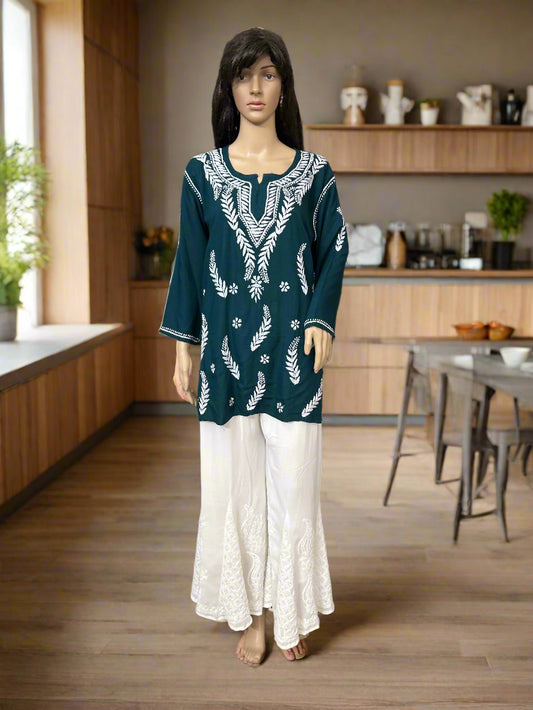 Lucknowi Chikankari Green Rayon Short Kurti-T000079