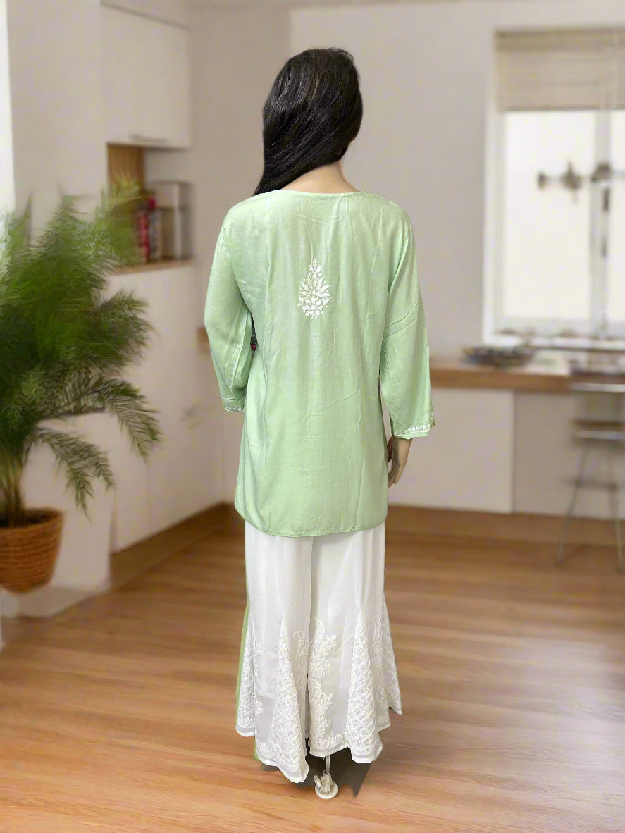 Lucknowi Chikankari Green Rayon Short Kurti-T70001