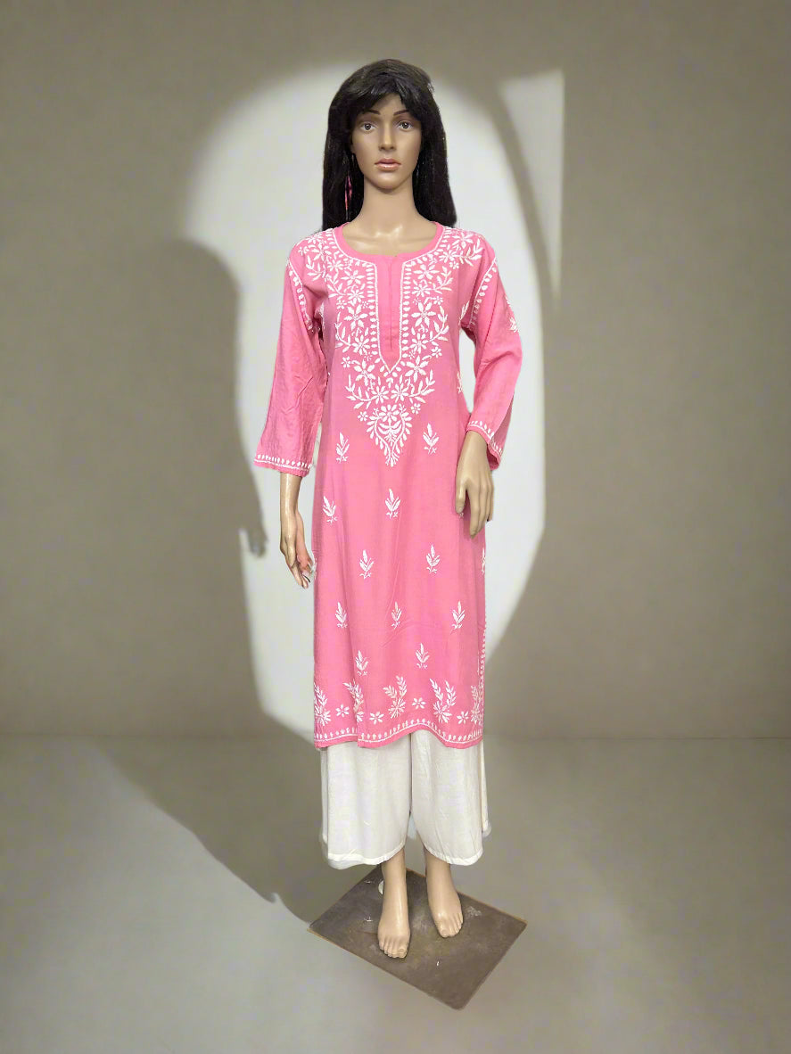 Lucknowi Chikankari Pink Rayon Kurti-K000158
