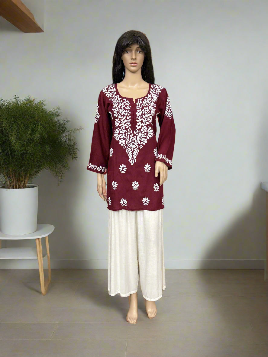 Lucknowi Chikankari Maroon 'Shafaq' Modal Short Kurti-T60006