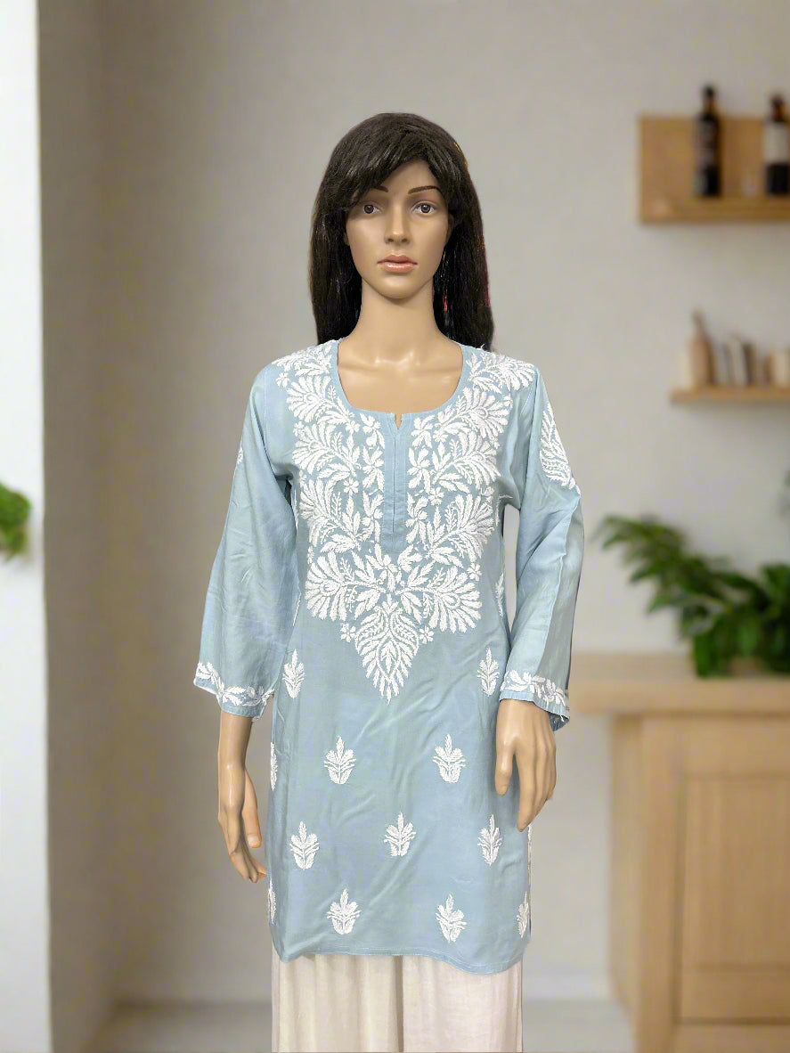 Lucknowi Chikankari Grey Modal Short Kurti-T000049