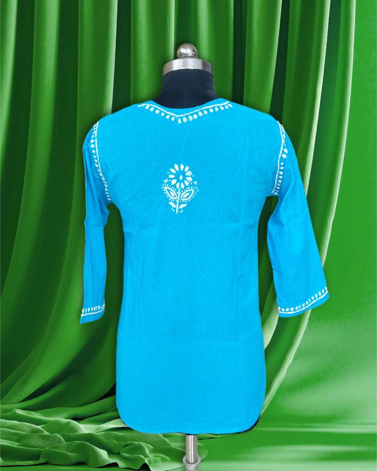 Lucknowi Chikankari Blue Cotton Short Kurti-T000030