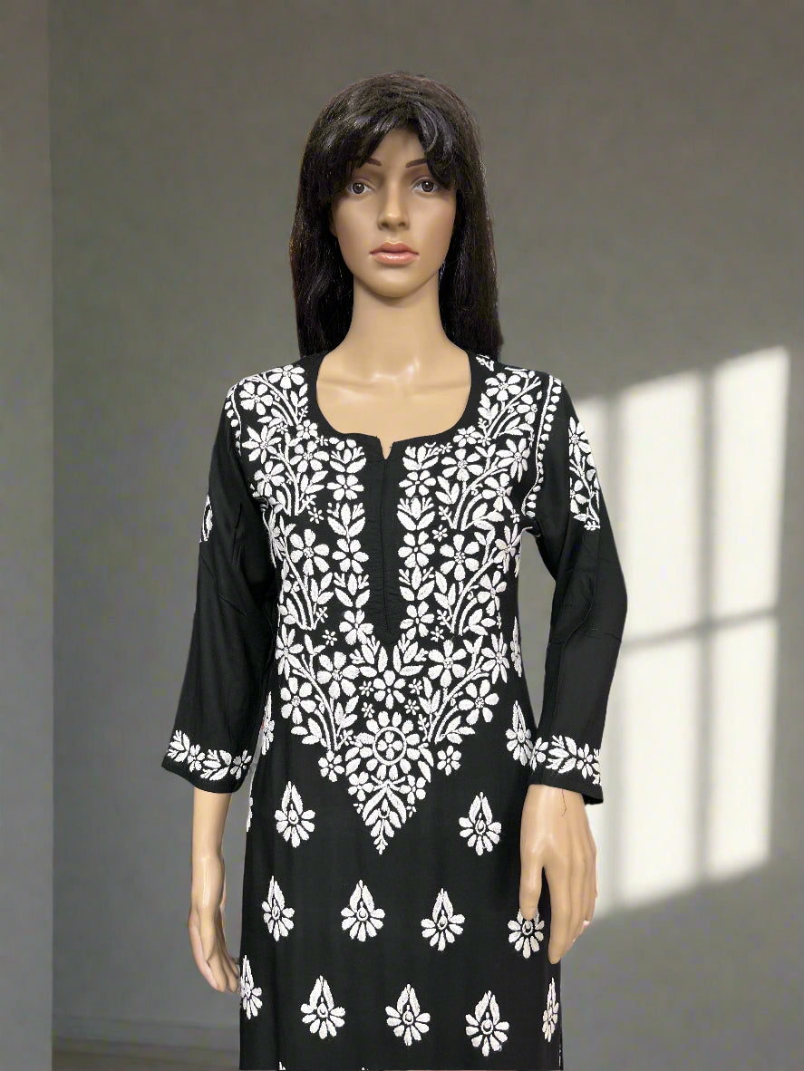 Lucknowi Chikankari Black Modal Kurti-K000137