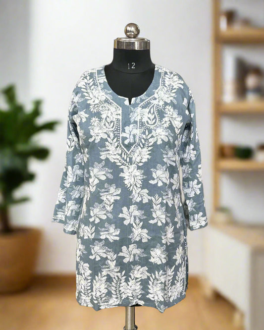Lucknowi Chikankari Grey Printed Cotton Short Kurti-T000028