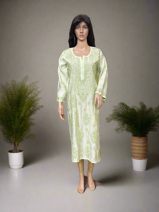 Lucknowi Chikankari Green Chanderi Kurti-K000172