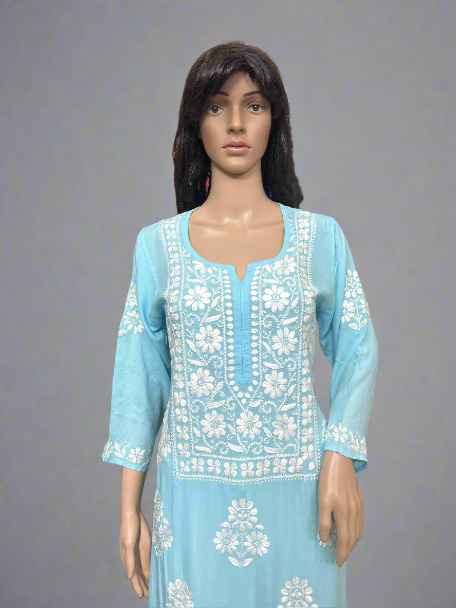 Lucknowi Chikankari Blue Modal Kurti-K000146