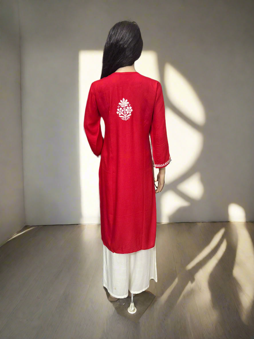 Lucknowi Chikankari Red Rayon Kurti-K000164