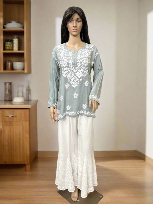 Lucknowi Chikankari Grey Rayon Short Kurti-T50018