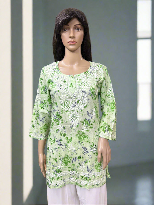 Lucknowi Chikankari Green Printed Cotton Short Kurti-T000080