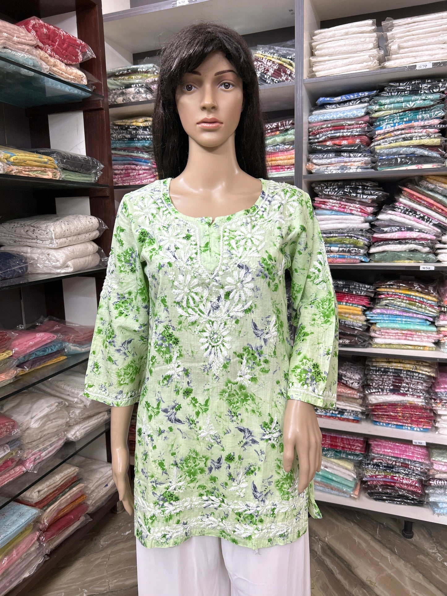 Lucknowi Chikankari Green 'Bahar' Printed Cotton Short Kurti-T000080