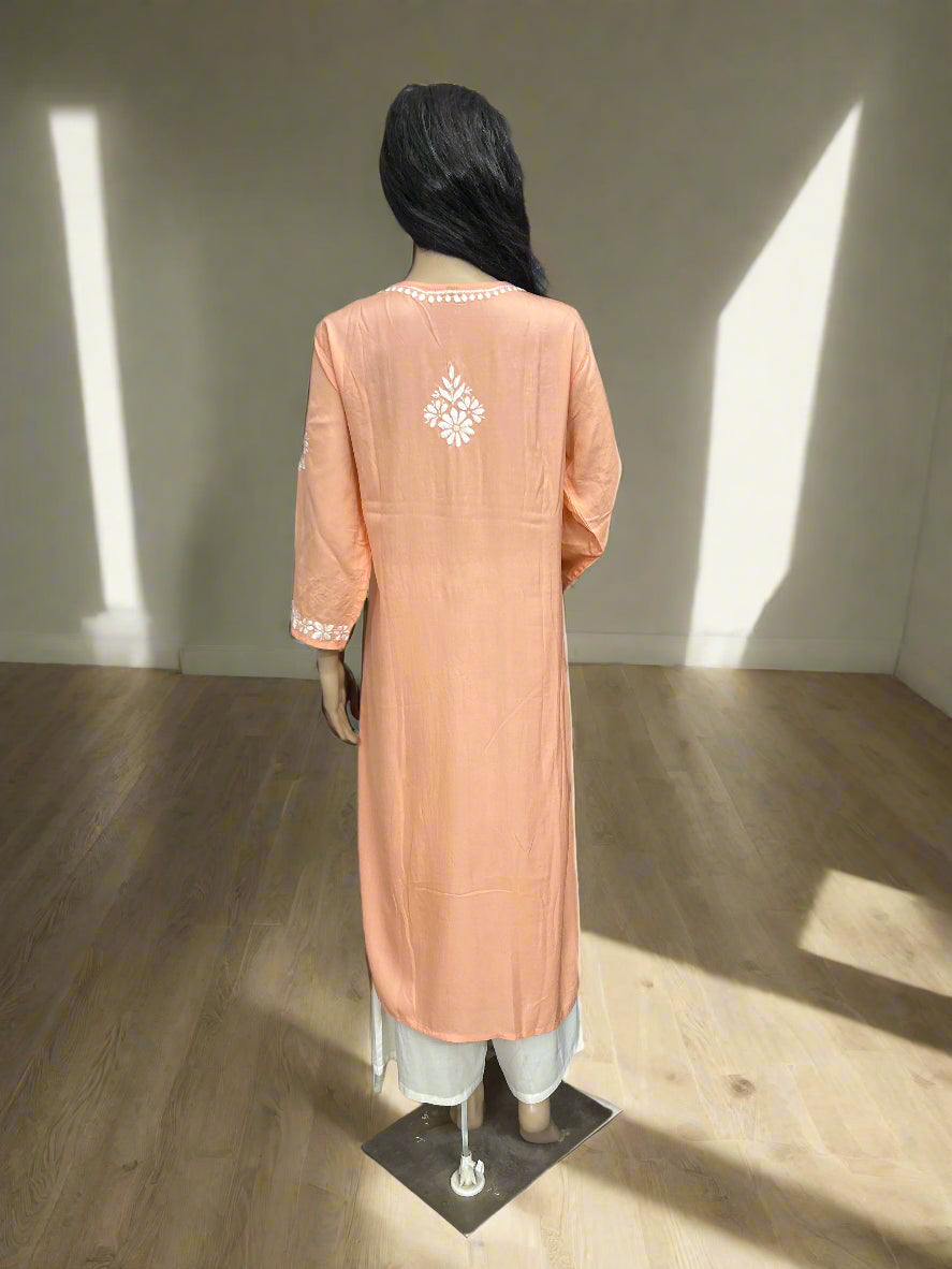 Lucknowi Chikankari Peach 'Aarooi' Modal Kurti-K60058
