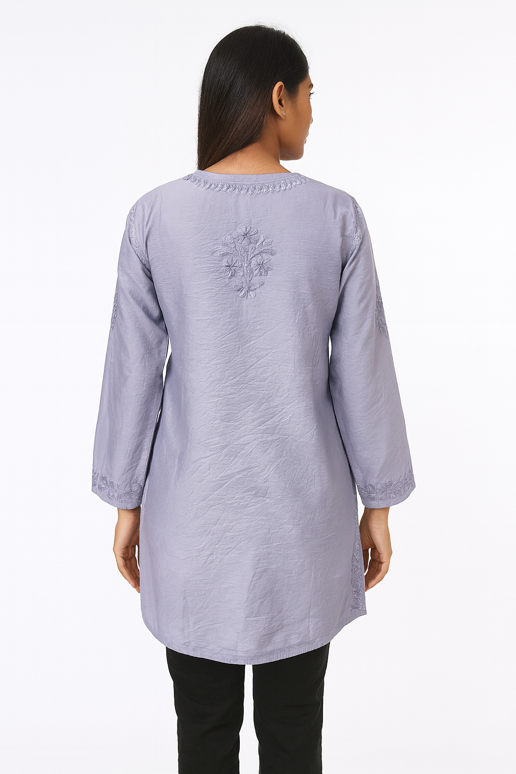 Lucknowi Chikankari Grey 'Dhoondhla' Chanderi Short Kurti-T30017