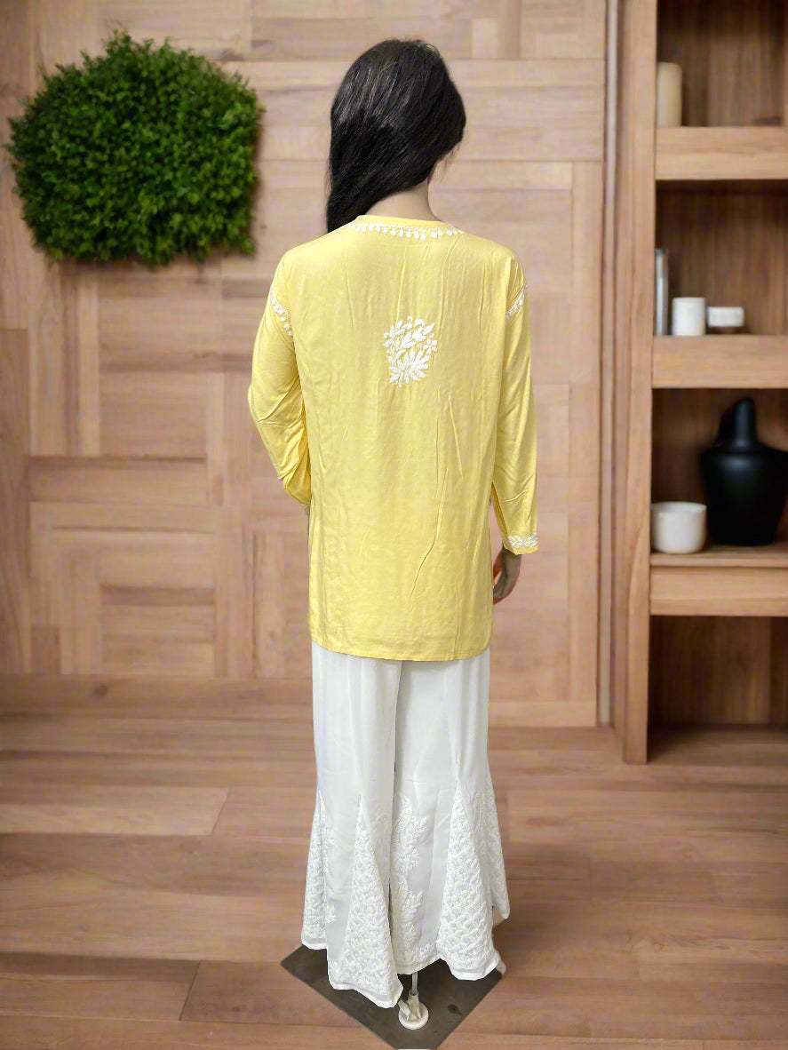 Lucknowi Chikankari Yellow Rayon Short Kurti-T000077