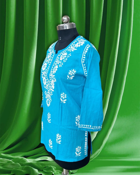 Lucknowi Chikankari Blue Cotton Short Kurti-T000030