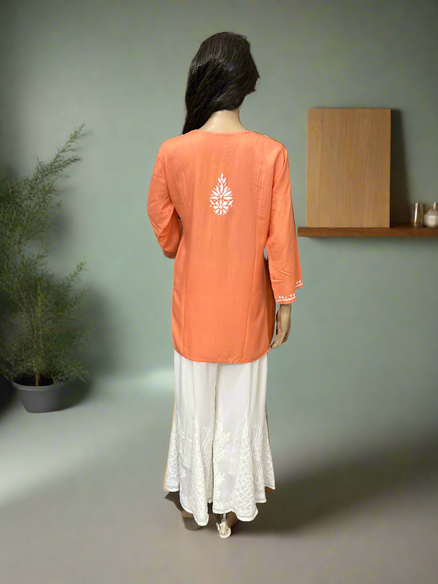 Lucknowi Chikankari Peach Rayon Short Kurti-T000075