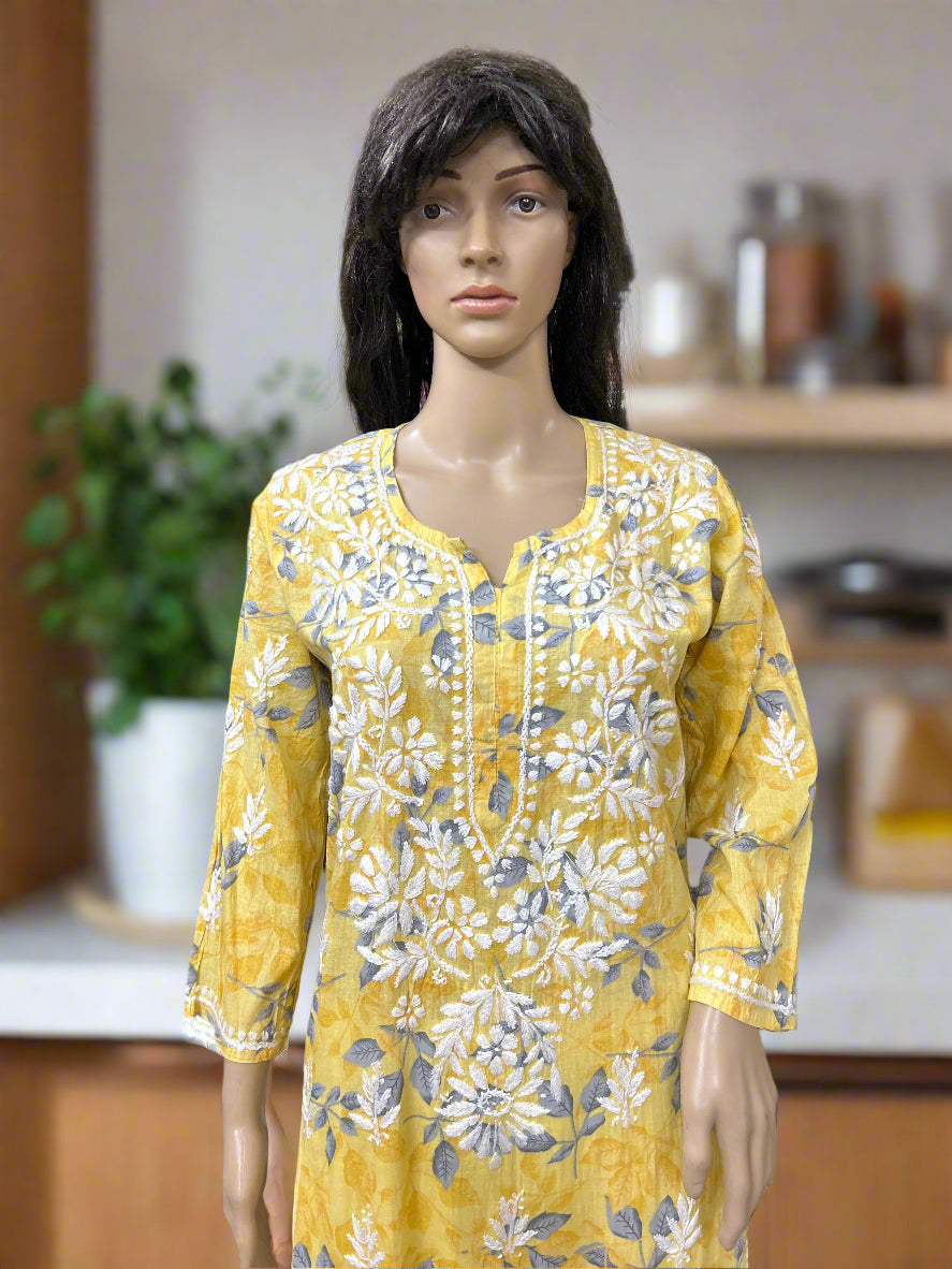 Lucknowi Chikankari Yellow Printed Cotton Kurti-K000179