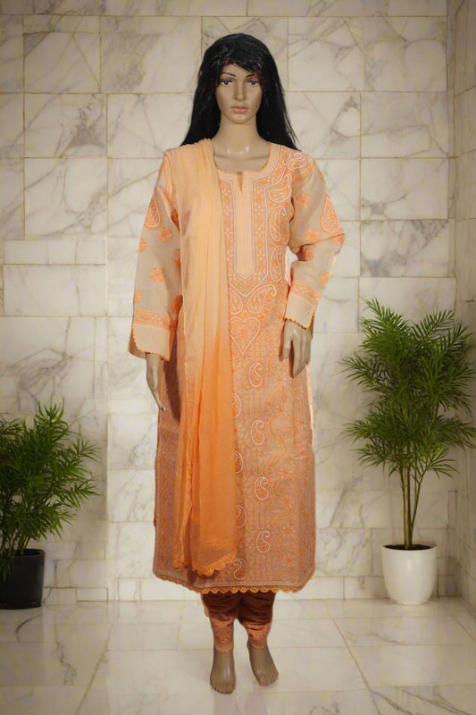 Lucknowi Chikankari Orange Cotton 3 Piece Kurta-Chudidar Pyjama-Dupatta Set-PJ00005