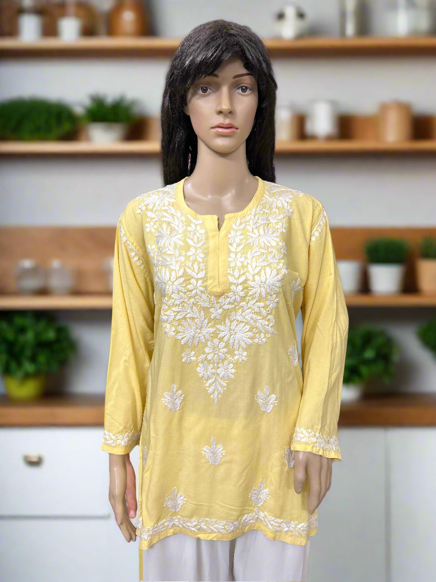 Lucknowi Chikankari Yellow Rayon Short Kurti-T000077