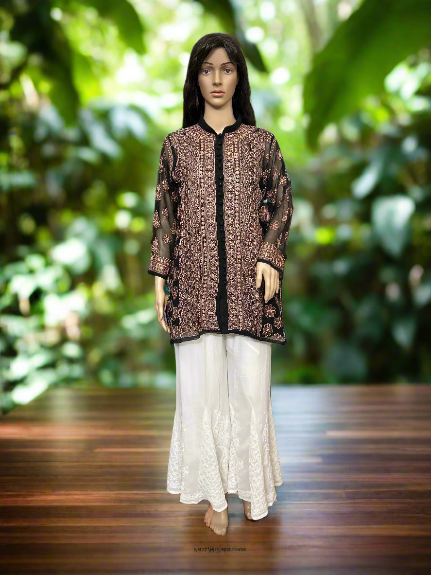 Lucknowi Chikankari Black Georgette Short Kurti-T50007