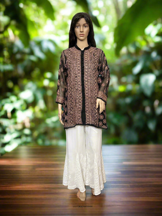 Lucknowi Chikankari Black Georgette Short Kurti-T50007
