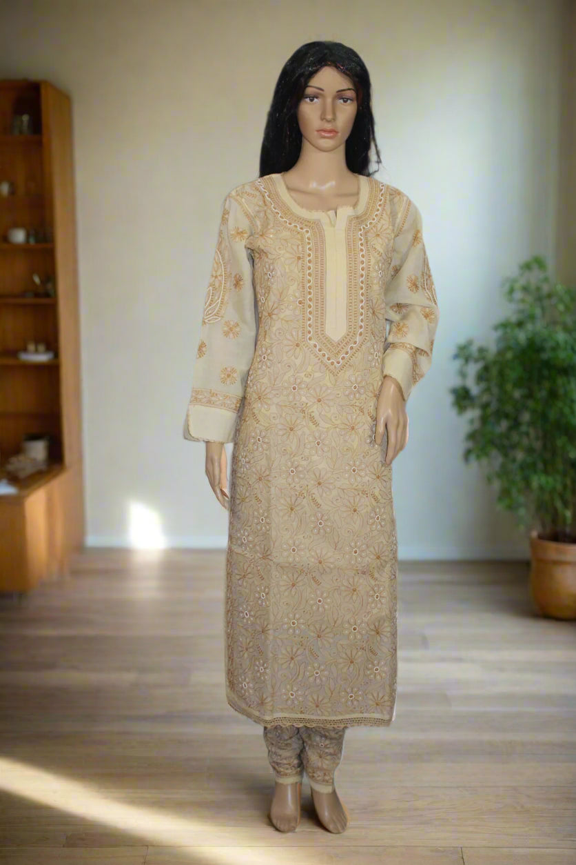 Lucknowi Chikankari Fawn Cotton 3 Piece Kurta-Chudidar Pyjama-Dupatta Set-PJ00004