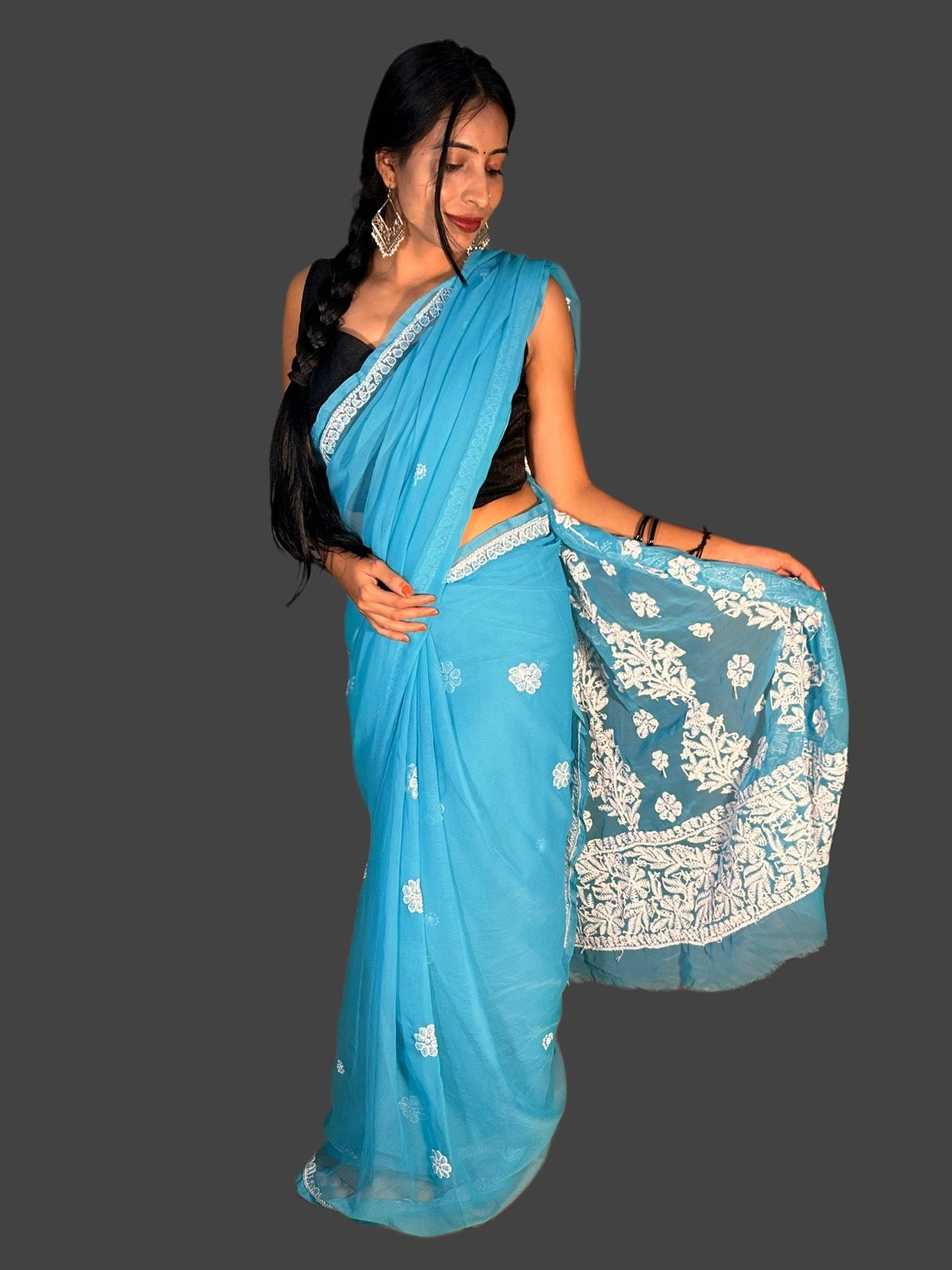 Lucknowi Chikankari Blue Georgette Saree (With Blouse)-S00012