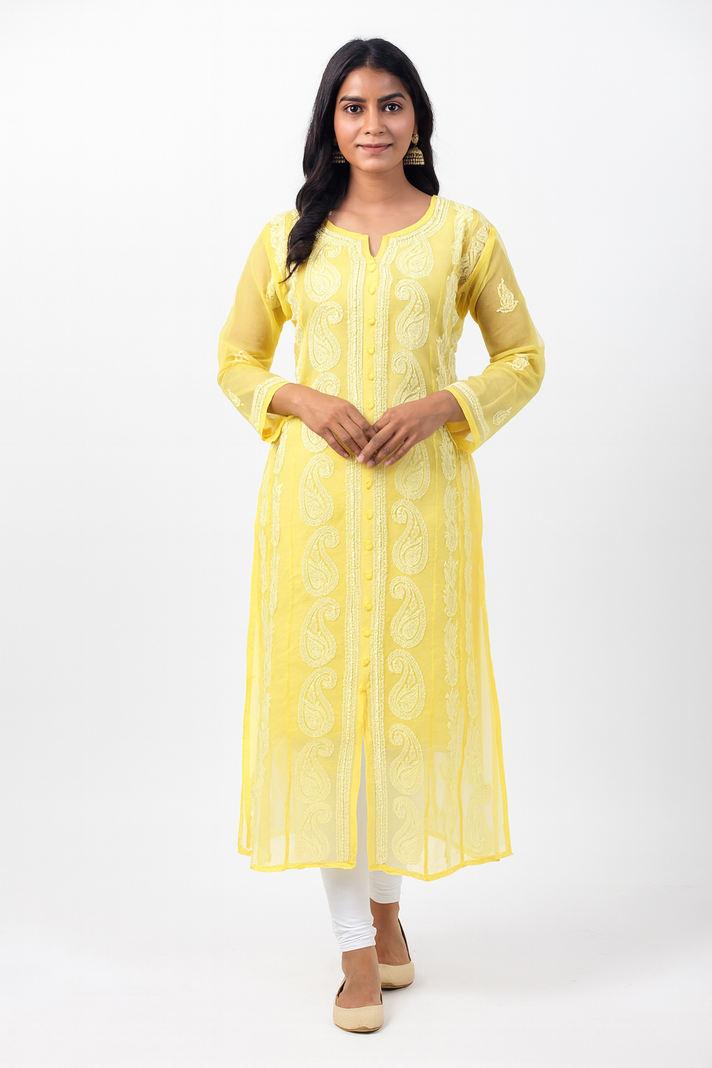 Lucknow Chikankari Yellow 'Sunehri' Georgette Anarkali-K000009