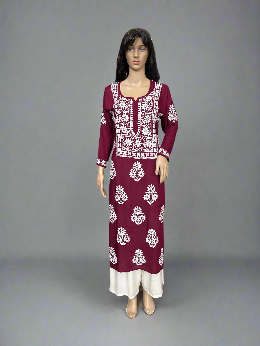 Lucknowi Chikankari Maroon Modal Kurti-K000140