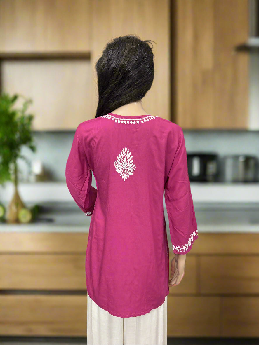 Lucknowi Chikankari Magenta Modal Short Kurti-T000048