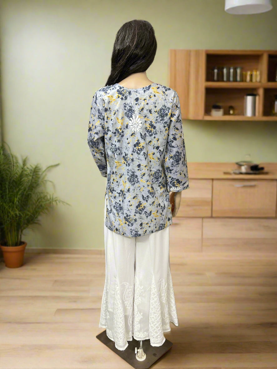 Lucknowi Chikankari Grey Printed Cotton Short Kurti-T000082