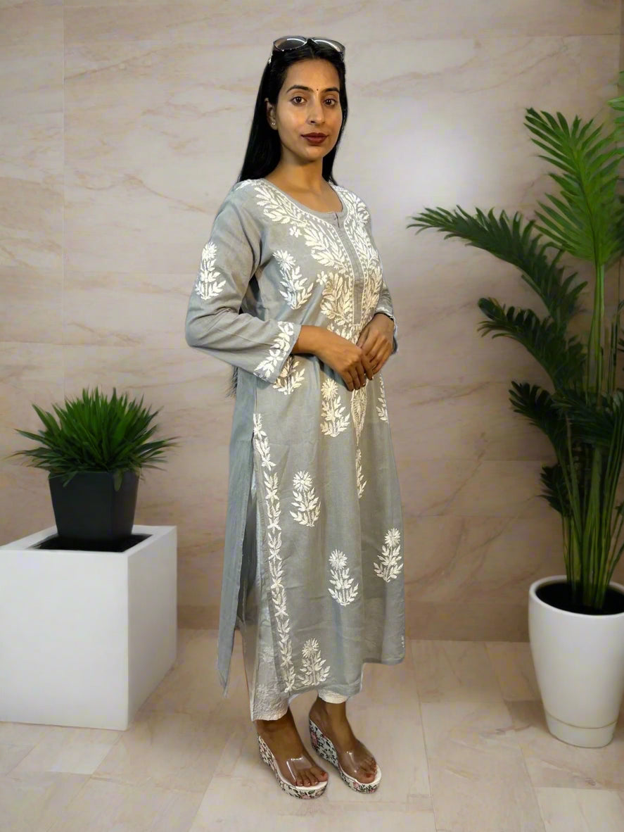 Lucknowi Chikankari Grey Cotton Kurti-K000104