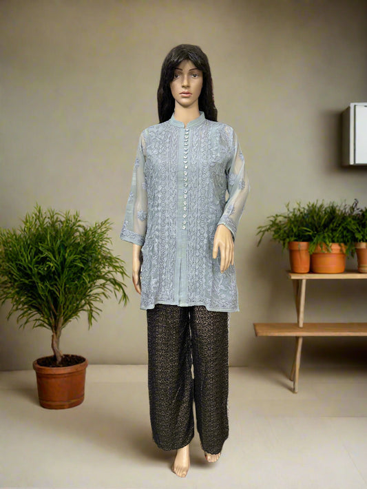 Lucknowi Chikankari Grey Georgette Short Kurti-T30008