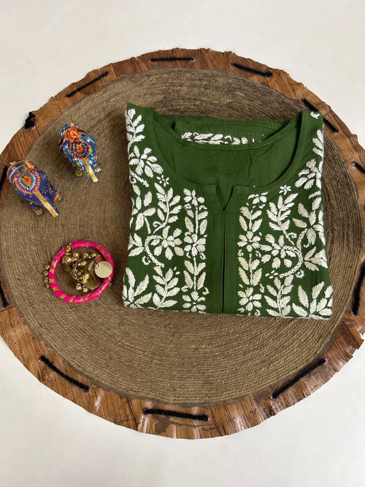 Lucknowi Chikankari Green Rayon Kurti-K000163