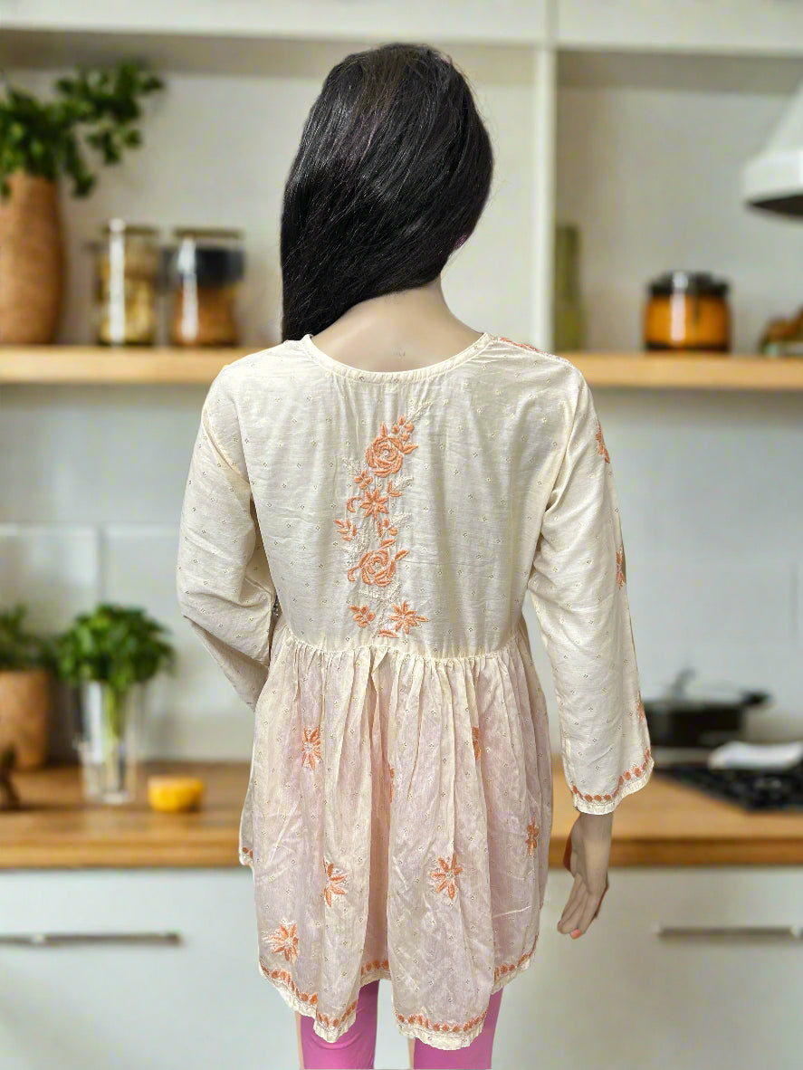 Lucknowi Chikankari Fawn Chanderi Angrakha Styled Short Kurti-T50020