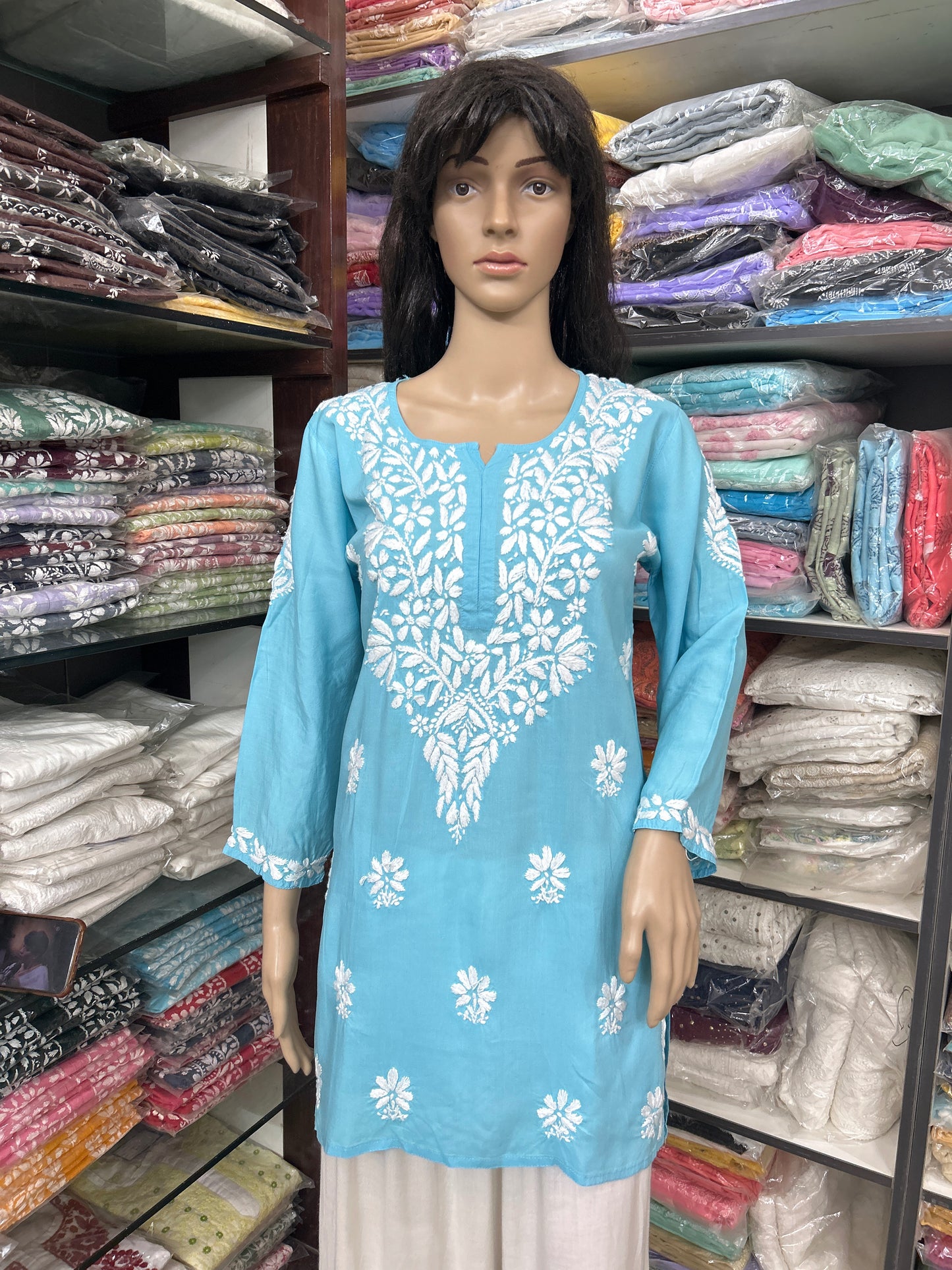 Lucknowi Chikankari Blue 'Aab-e-Asmaan' Modal Short Kurti-T40024