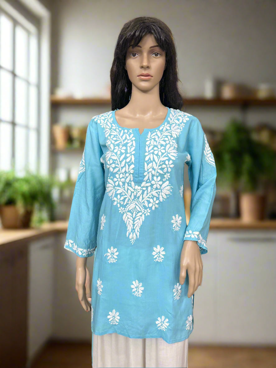 Lucknowi Chikankari Blue 'Aab-e-Asmaan' Modal Short Kurti-T40024