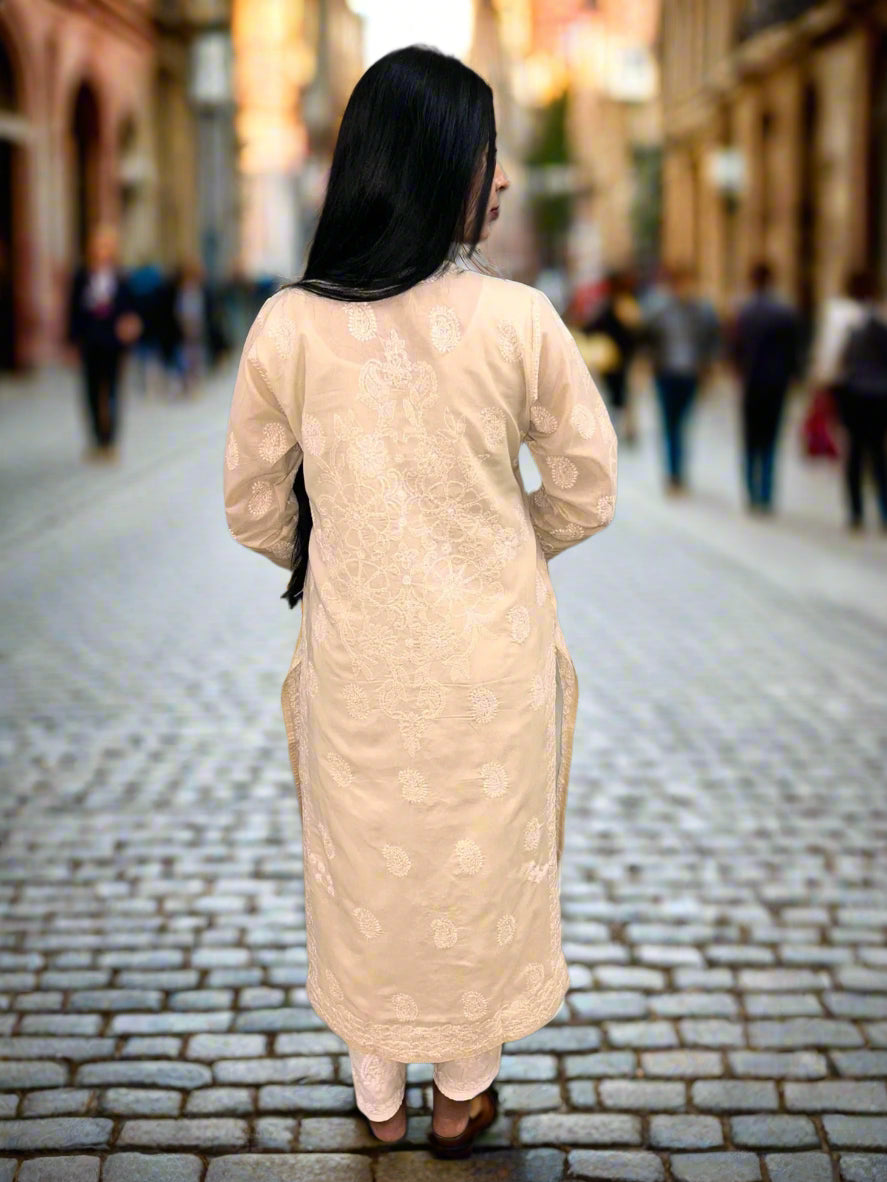 Lucknowi Chikankari Fawn 'Harnai Rang' Cotton Kurti-K40095