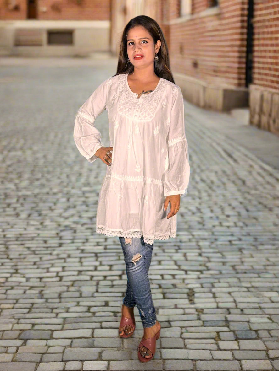 Lucknowi Chikankari White Muslin Short Kurti-T000012